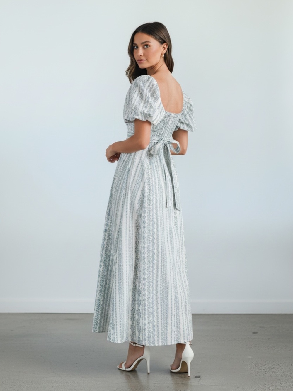 208. Square Neck Puff Sleeve Maxi Dress in Soft Blue Floral - Picture 3 of 3